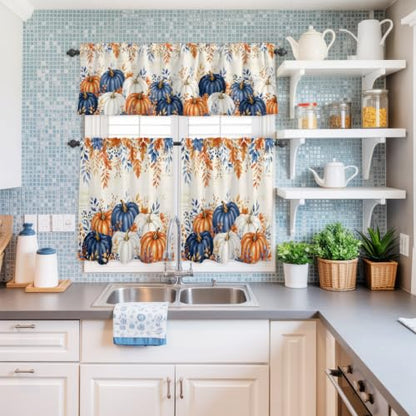 Navy Blue Pumpkin Fall Kitchen Curtain Set - Small Half Curtains with Valance, 24 Inch Length - Pack of 3