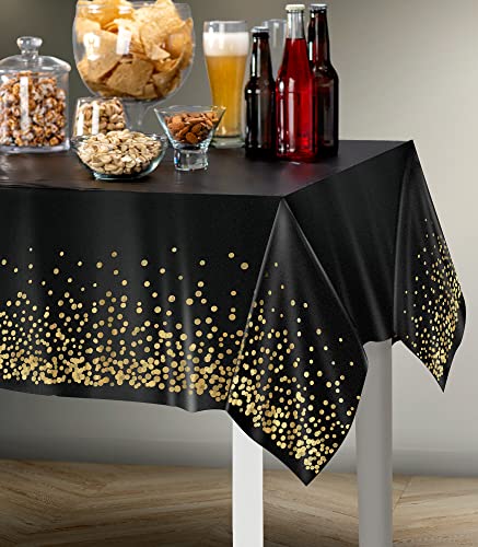 Prestee Black and Gold Table Cloths for Parties, 4pk, 54"x108" - Gold Dot Plastic Tablecloths, Black Tablecloth, Black and Gold Party Decorations, Paper Tablecloth for BBQ, Party, Fine Dining, Wedding