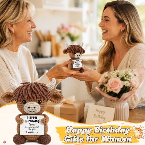 Highland Cow Birthday Decorations for Women Men - Cheeky Crocheted Gift with Card - Variation of Birthday