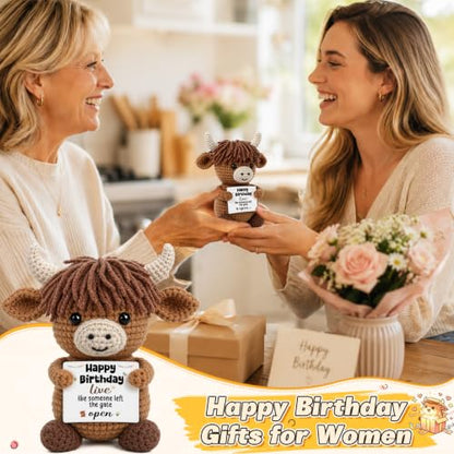 Highland Cow Birthday Decorations for Women Men - Cheeky Crocheted Gift with Card - Variation of Birthday