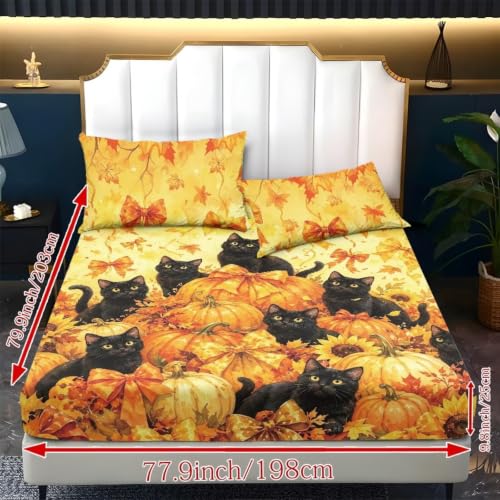 Fall Pumpkin Black Cat Fitted Sheet Set with Deep Pockets - Super Queen