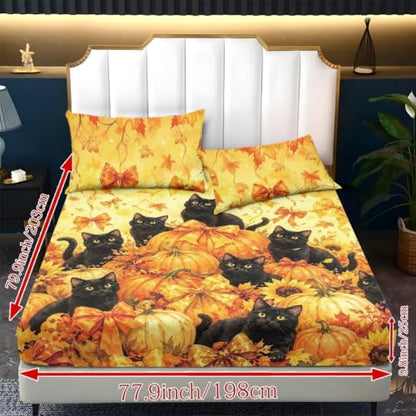 Fall Pumpkin Black Cat Fitted Sheet Set with Deep Pockets - Super Queen