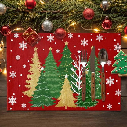 Christmas Tree Placemats Set of 4 - Red with Snowflakes & Christmas Tree Design