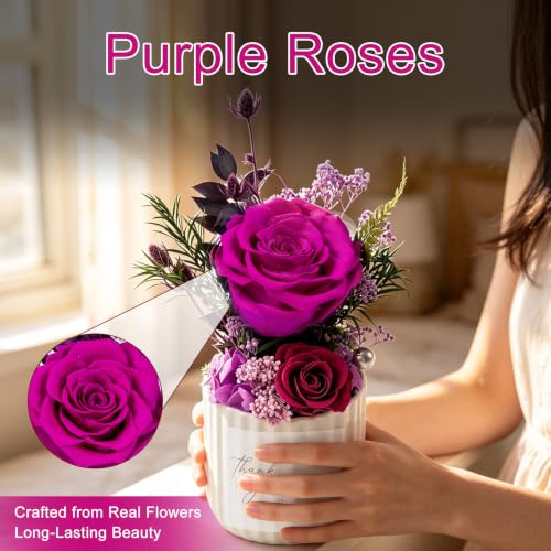 Preserved Flowers in Ceramic Vase - Purple Forever Roses Home Decor