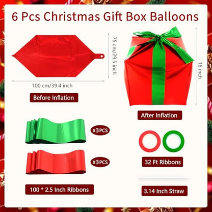 Christmas Gift Box Balloons Set - Red & Green Cube Foil Balloons with Ribbons