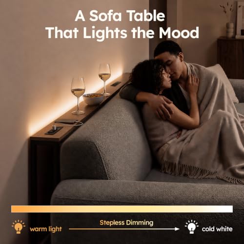102.4-Inch Walnut Sofa Table with Charging Stations & LED Lighting - Adjustable Height