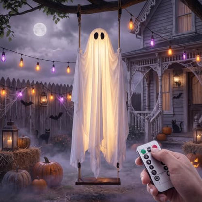 White 5FT Swinging Ghost Halloween Outdoor Decor with Light & Timer