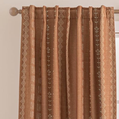 Terracotta Boho Blackout Curtains Set - 50W x 84L, 2 Panels, Vintage Floral Farmhouse Style, Linen Cotton Blend, Autumn Rust Orange Pattern, Autumn Drapes