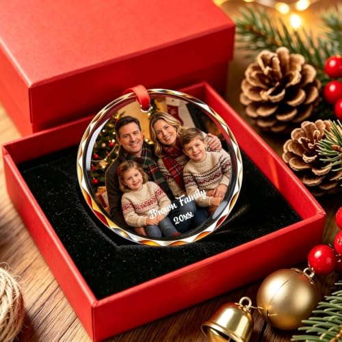 Personalized Photo Glass Ornament with Name & Date - Custom Holiday Keepsake - 02 Photo & Text Variation