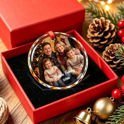 Personalized Photo Glass Ornament with Name & Date - Custom Holiday Keepsake - 02 Photo & Text Variation