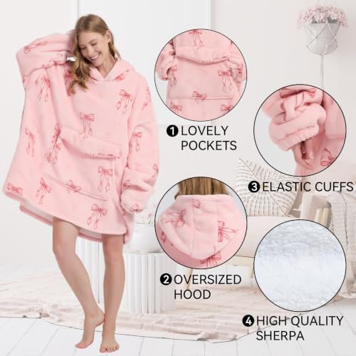 Pink Bow Wearable Blanket Hoodie for Women and Men - Oversized Cozy Hoodie with Pockets