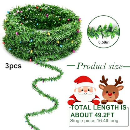 50Ft Christmas Artificial Pine Garland with Fake String Lights - With Fake String Light / 50Ft 0.59in