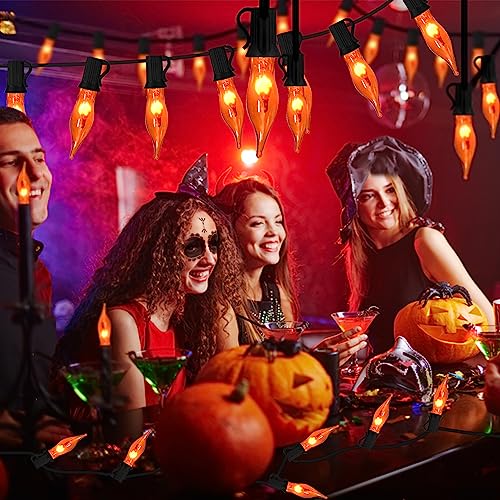 Halloween Flickering Flame String Lights - 27.8Ft Orange Outdoor Decor with 27 Bulbs - Safety Certified Waterproof