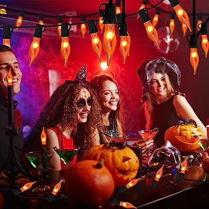 Halloween Flickering Flame String Lights - 27.8Ft Orange Outdoor Decor with 27 Bulbs - Safety Certified Waterproof