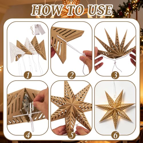 Paper Star Lantern Set of 5 Foldable 3D Hanging Decorations with Light - Brown Mix