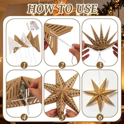 Paper Star Lantern Set of 5 Foldable 3D Hanging Decorations with Light - Brown Mix