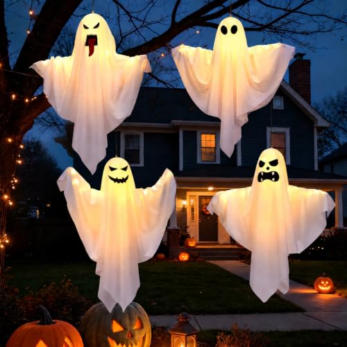 Halloween Outdoor Indoor Hanging Ghost Decorations - 4 Pack with Warm Light & DIY Arms