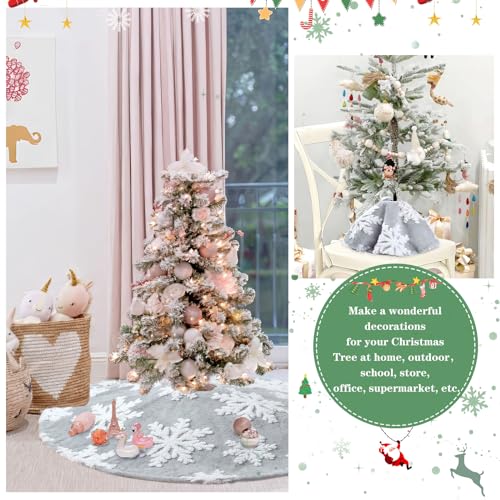 Gray 48 Inch Faux Fur Christmas Tree Skirt Snowflake Decor Large Holiday Cover