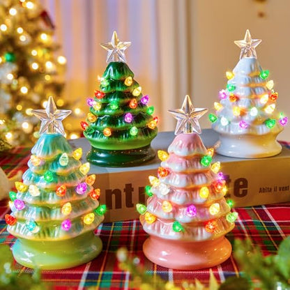 Mini Ceramic Christmas Tree Set - 4 Pack Pre-Lit Tabletop Holiday Decor - White, Green, Pink, Light Green