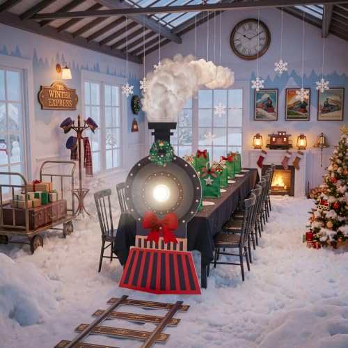 Christmas Train Decoration Set with Cardboard Locomotive, Lights & Table Runner