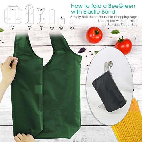 BeeGreen Reusable Grocery Bags Bulk Set - Dark Green Foldable & Washable with Zipper Pouch - 50 Pack