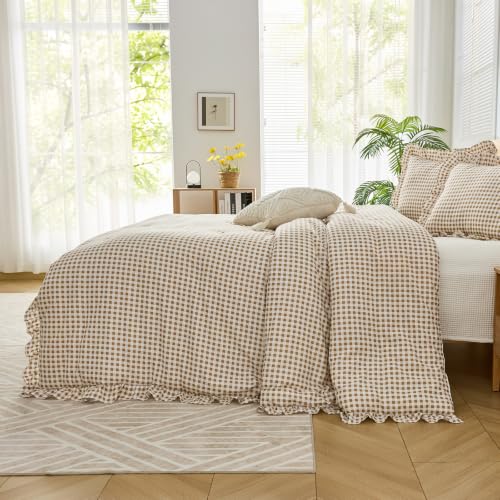 Queen Ruffle Gingham Comforter Set Tan Plaid Farmhouse Bedding Variation of THIS listing