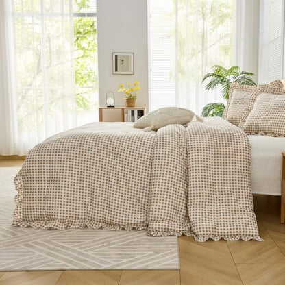 Queen Ruffle Gingham Comforter Set Tan Plaid Farmhouse Bedding Variation of THIS listing