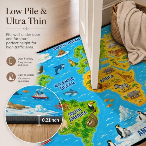 Map 01 Kids Playroom Rug - Blue World Map Non-Slip 4x6 ft Play Mat