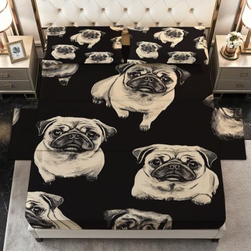 Full Size Pug Dog Pet Bed Sheet Set - Cartoon Microfiber Bedding with Deep Pockets - Black & Beige - 4 Piece