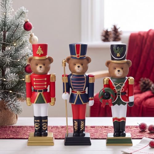 Christmas Bear Nutcracker Figurines Set - Standing Resin Holiday Decor, 3 Pieces