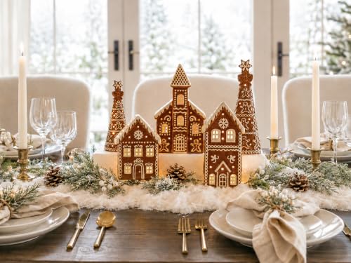 Gingerbread Christmas Decorations Set with Tea Lights - Ceramic Village Scene, Holiday Home Decor