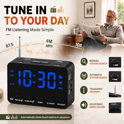 Alarm Clock Radio with FM, USB Charging, Sleep Timer & Snooze