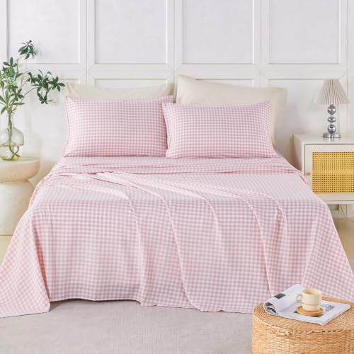 Pink Gingham Twin Sheet Set - 4 Piece Microfiber Plaid Bedding with Deep Pockets