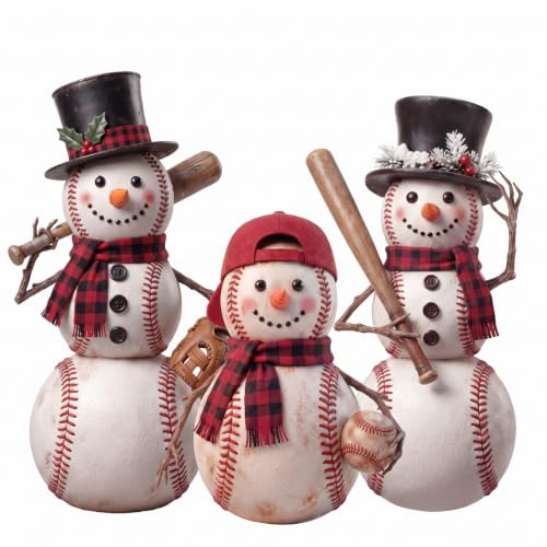 3 Pcs Baseball Snowman Christmas Figurines - Farmhouse Holiday Decor