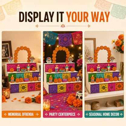 Day of the Dead Wooden Altar Display Set - Mexican Ofrenda Decoration, Orange Variation