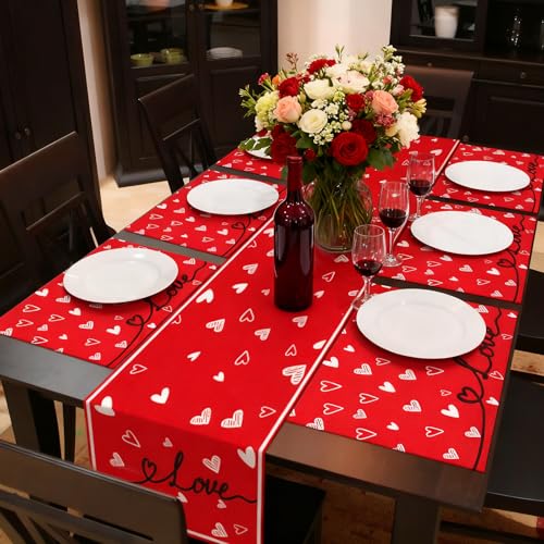 Valentine's Day Table Runner & Placemats Set - Heart Decor for Dining Table - 7 Pieces