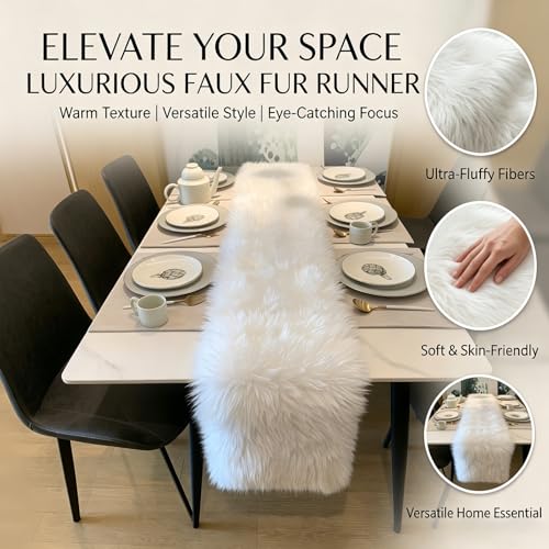 White Faux Fur Table Runner 12x60 Inch Christmas Holiday Decor - Cozy & Elegant