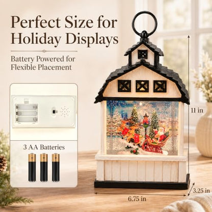 Christmas Snow Globe Lantern Santa Barn Scene - 11 Inch Holiday Decor