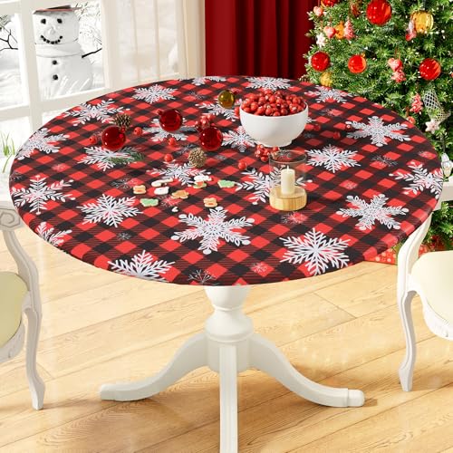 Misaya Round Fitted Vinyl Tablecloth with Elastic Edge - Red & Black, Fits 45-56 Inch
