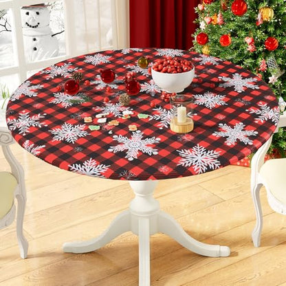 Misaya Round Fitted Vinyl Tablecloth with Elastic Edge - Red & Black, Fits 45-56 Inch