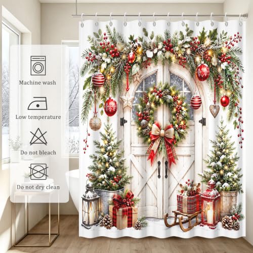 Farmhouse Christmas Wreath Shower Curtain - Rustic Wooden Door Pine Berry Ornament Lantern with Hooks - White Variation