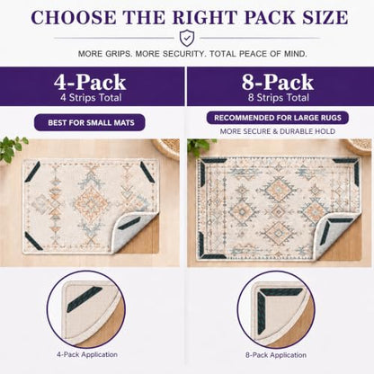 8 Pack Washable Rug Grip Tape - Reusable Double-Sided Carpet Non-Slip Tape for Hardwood & Tile Floors
