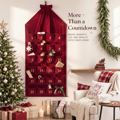 Christmas Velvet Advent Calendar with 24 Pockets - Burgundy Family Countdown