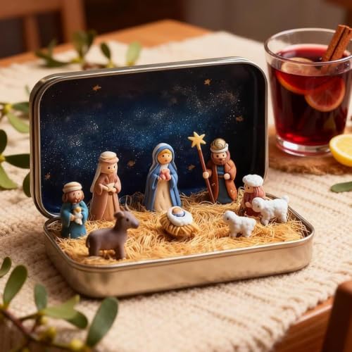 Mini Christmas Nativity Set in Tin Box - Handcrafted Pocket Scene with Figures - Holiday Religious Decor - Variation #a / 1
