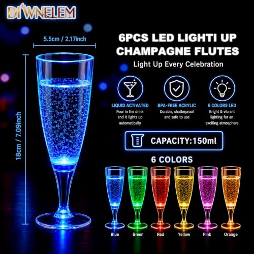 6 Mixed Colors LED Plastic Champagne Flutes 150ml Reusable Party Glasses