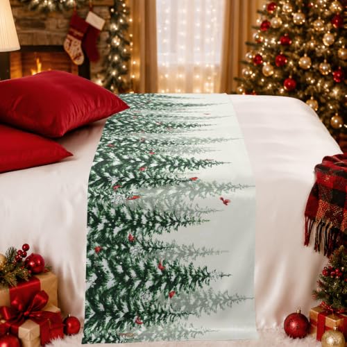 Christmas Tree Bed Runner King Size 94x20 in Green White Red Holiday Decor Bed Scarf