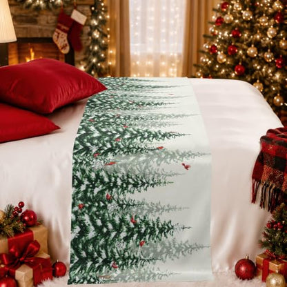 Christmas Tree Bed Runner King Size 94x20 in Green White Red Holiday Decor Bed Scarf