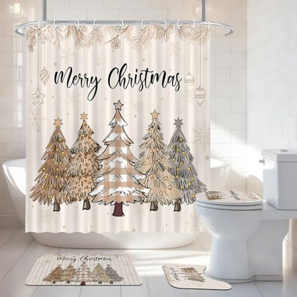 Christmas Shower Curtain Set with Non-Slip Rugs Bathroom Decor 4 Pieces