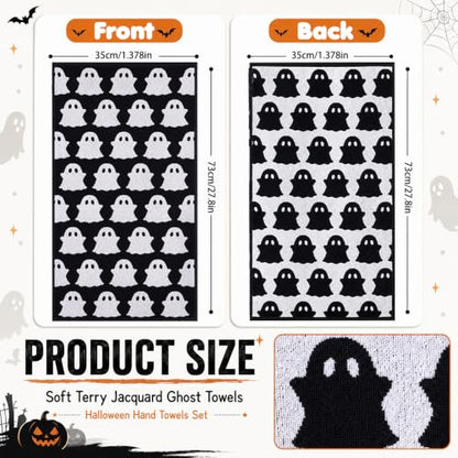 Halloween Ghost Hand Towels Set - Black & White Cotton Decorative Kitchen & Bathroom Towels