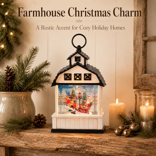 Christmas Snow Globe Lantern Santa Barn Scene - 11 Inch Holiday Decor